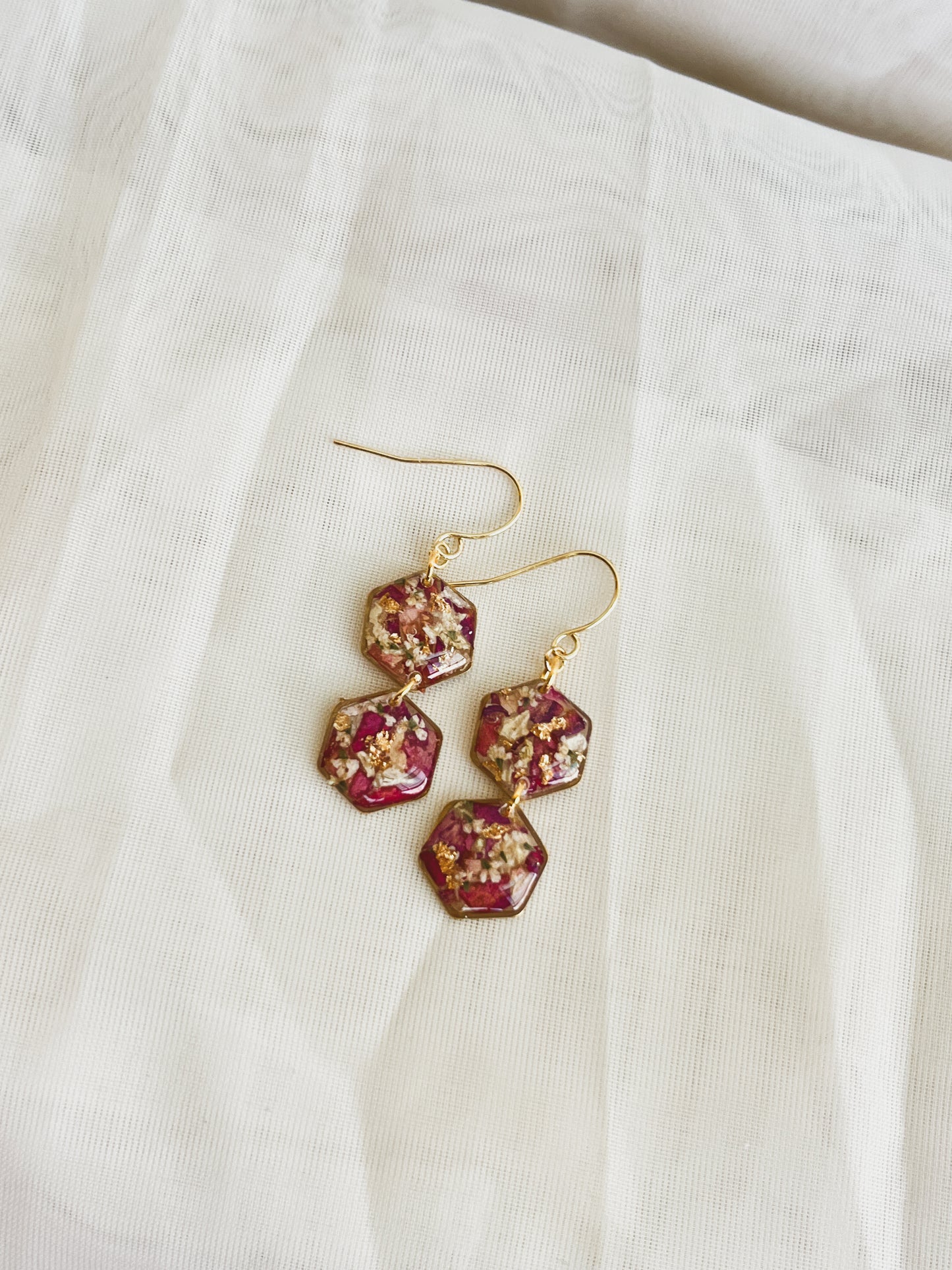 PINK CONFETTI FLOWER HEXAGON DANGLES