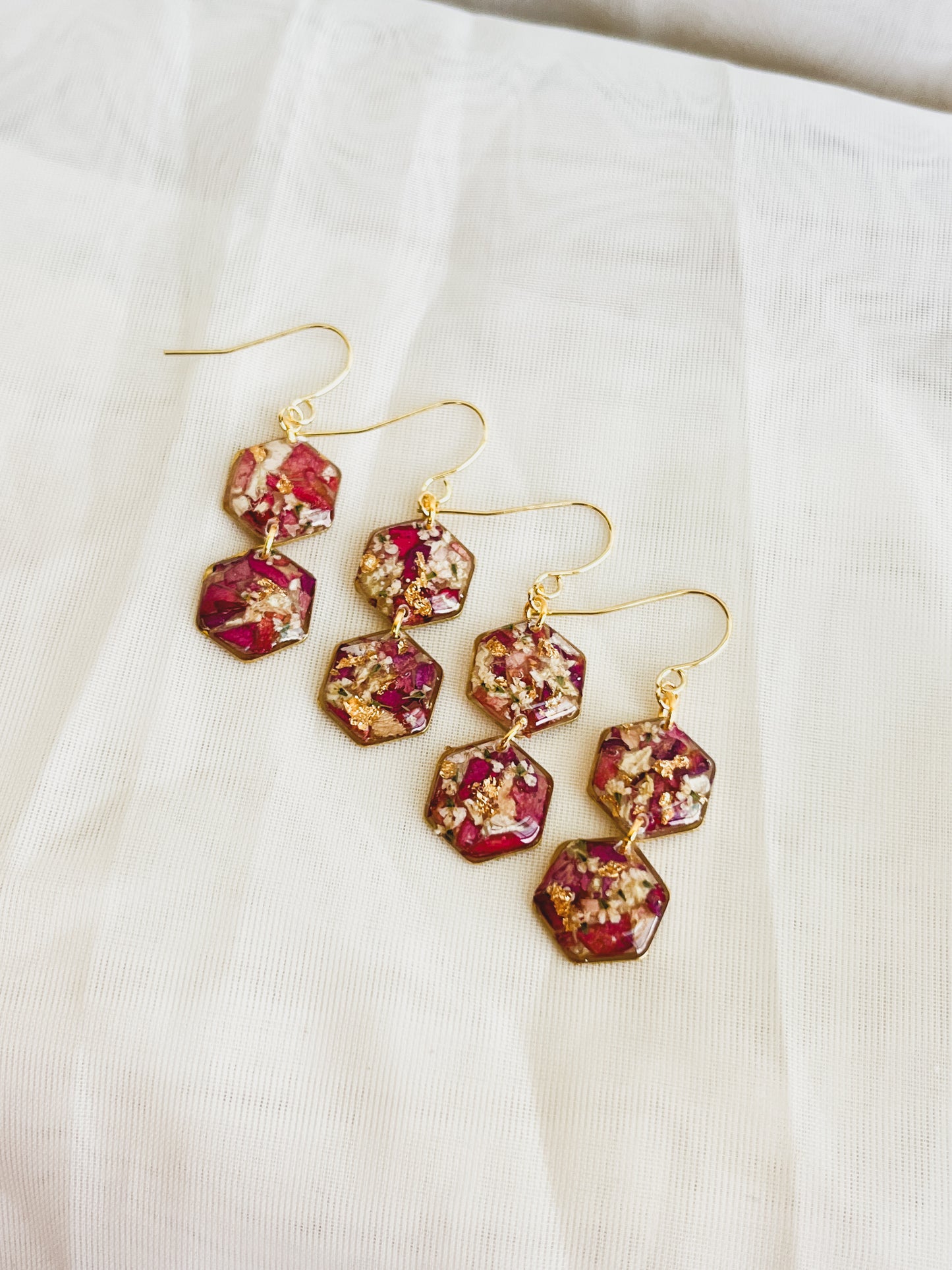 PINK CONFETTI FLOWER HEXAGON DANGLES