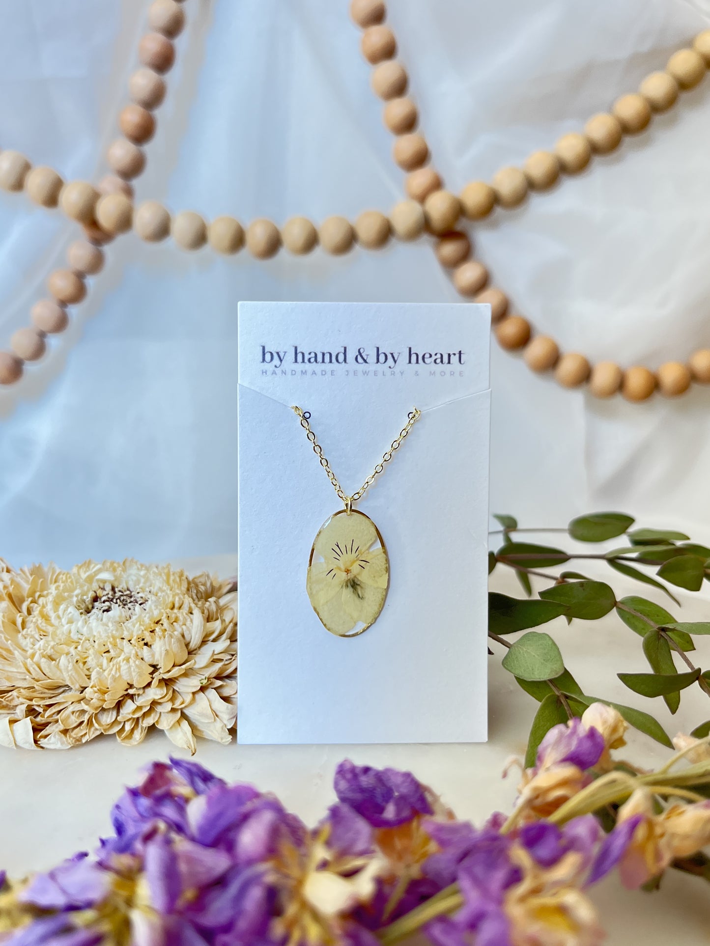 YELLOW PRESSED PANSY NECKLACE (18 inches)