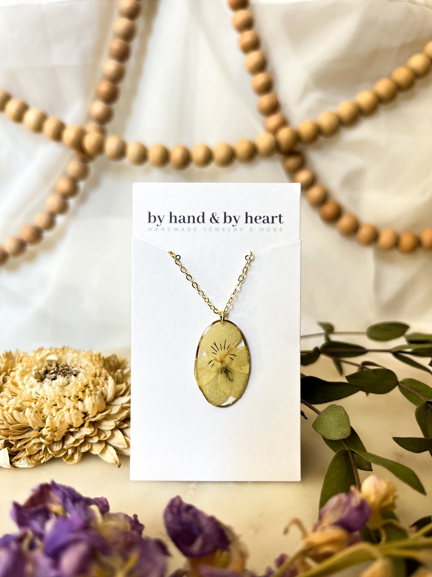 YELLOW PRESSED PANSY NECKLACE (18 inches)