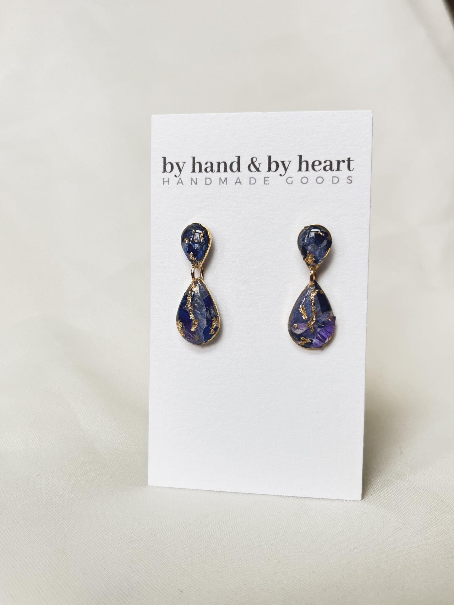 BLUE FLORAL AND GOLD TEARDROP RESIN DANGLES