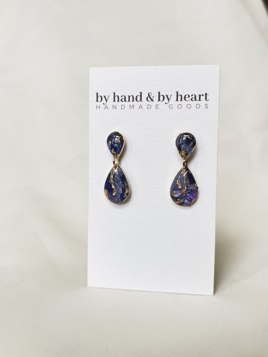 BLUE FLORAL AND GOLD TEARDROP RESIN DANGLES