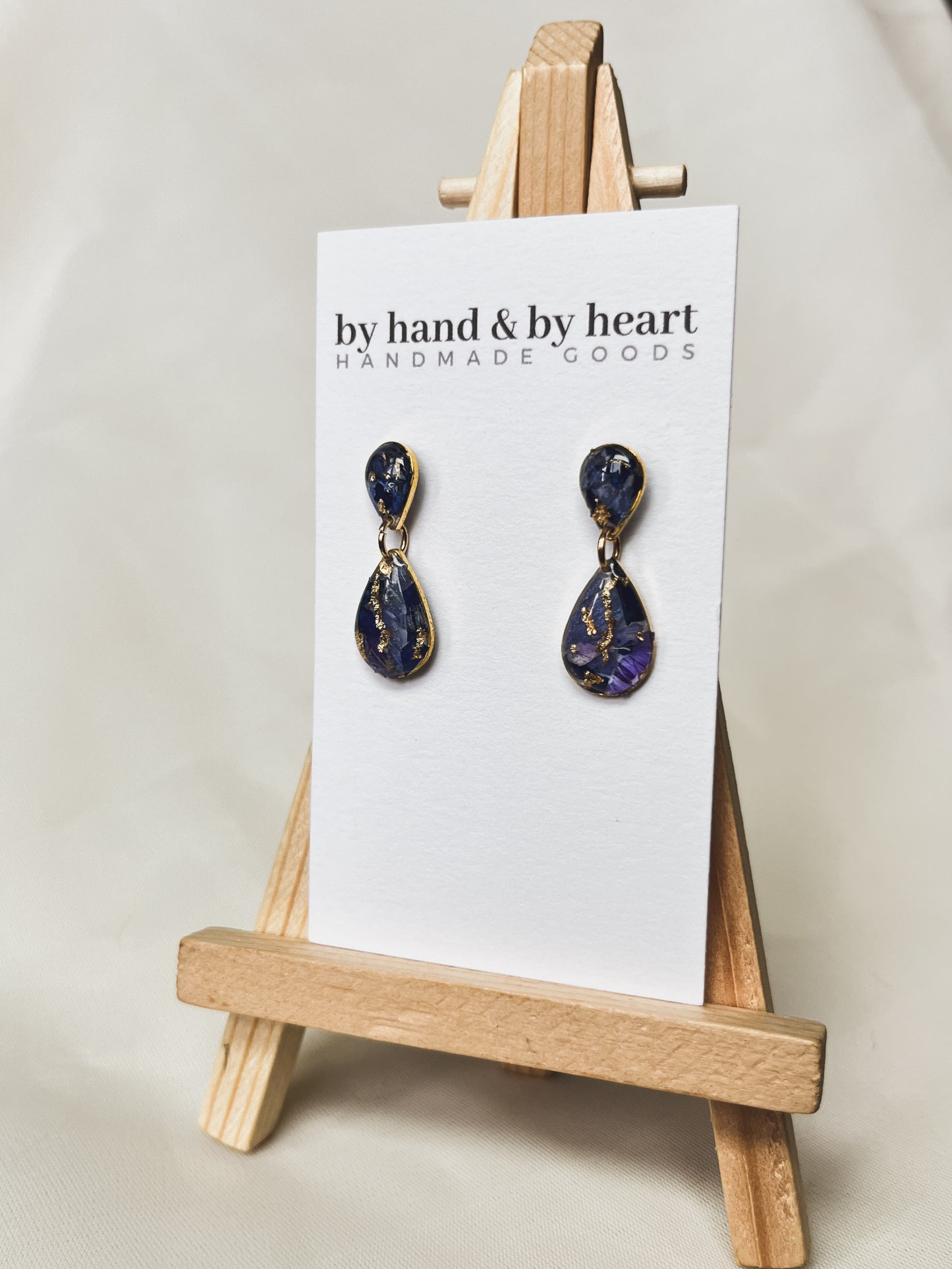 BLUE FLORAL AND GOLD TEARDROP RESIN DANGLES