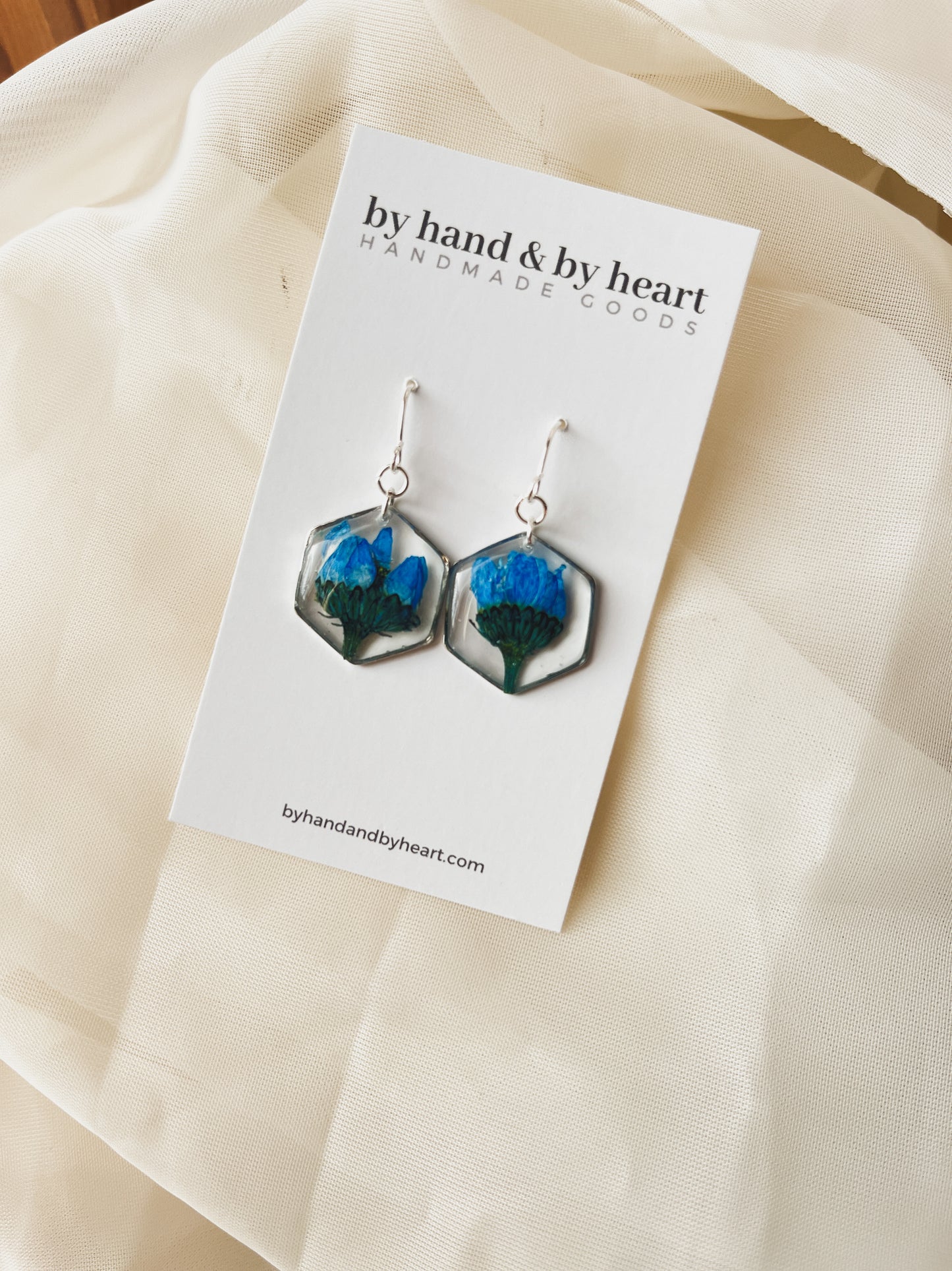 BLUE FLORAL HEXAGON DANGLE EARRINGS