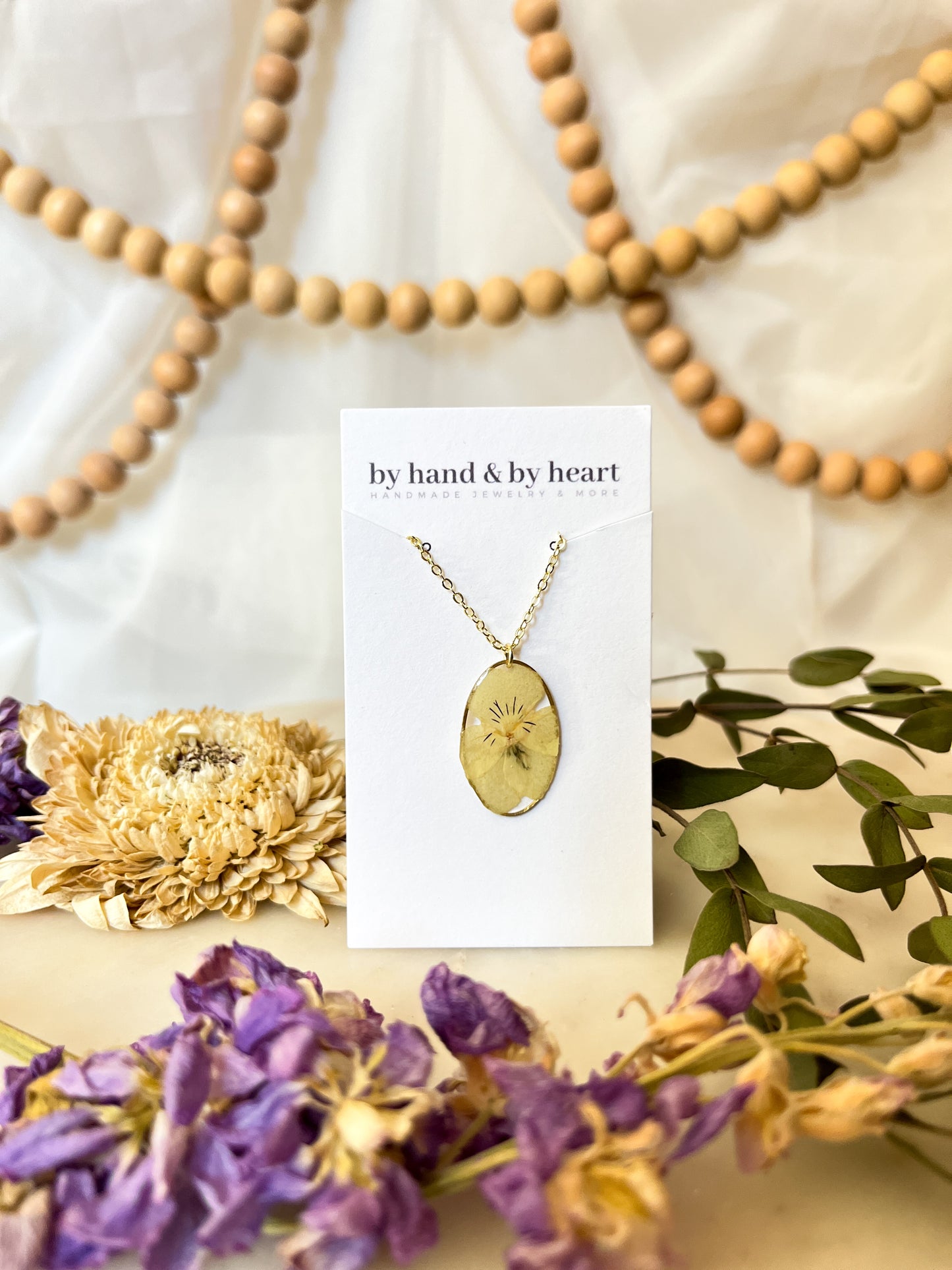 YELLOW PRESSED PANSY NECKLACE (18 inches)